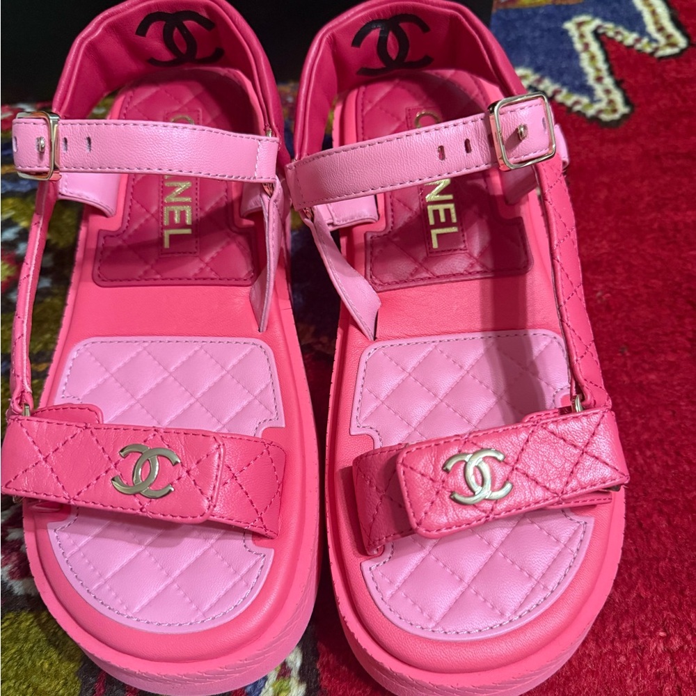 CHANEL Pink Quilted Platform Sandals